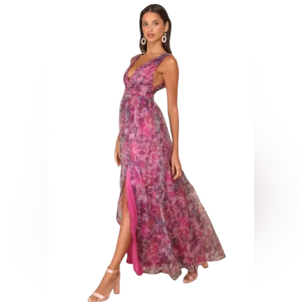 Lulu Floral Chiffon Maxi Dress Pink Purple Sleeveless Slit Size Large NWT